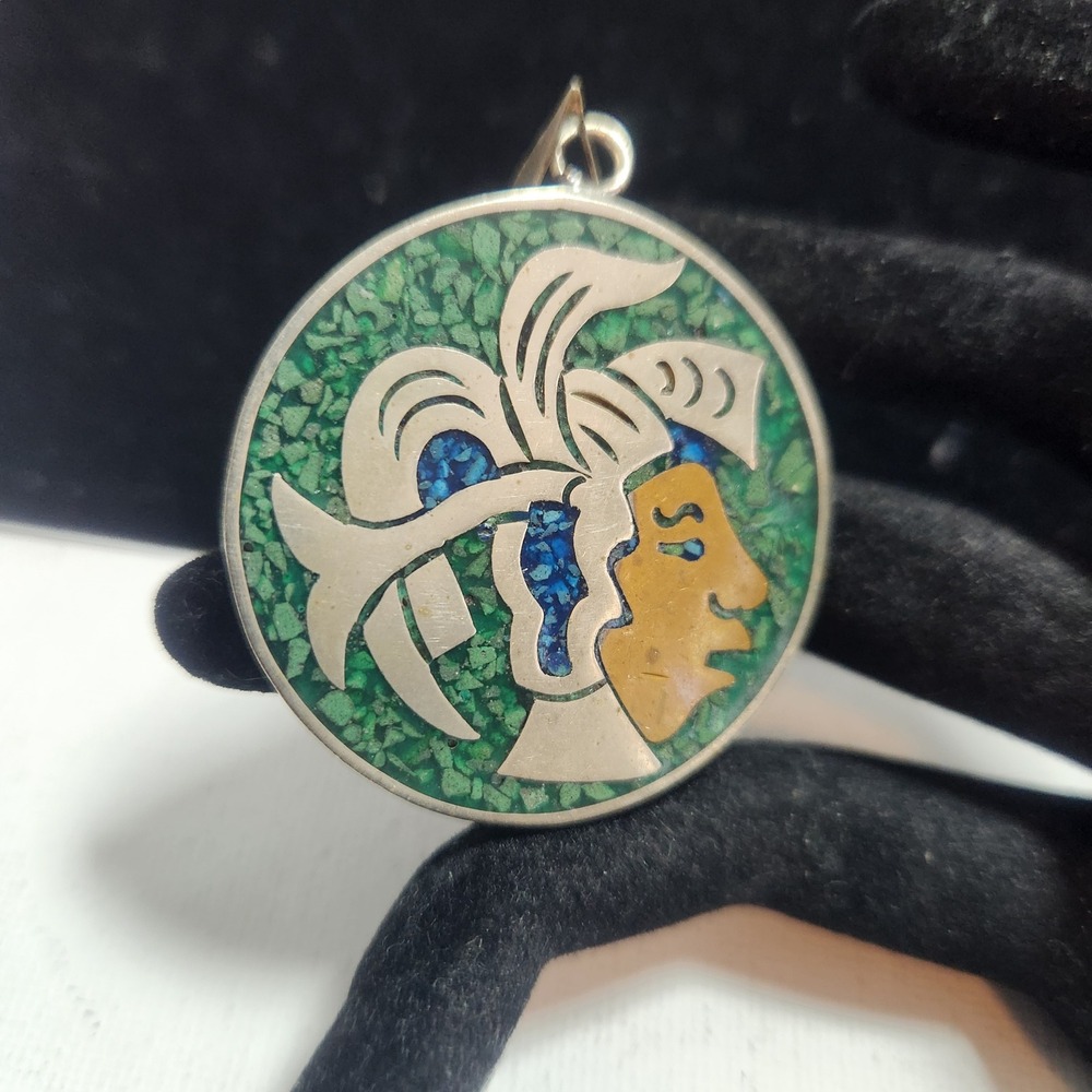 Vintage Hecho El Mexico Reversible Aztec Warrior Malachite Lapis Pendant